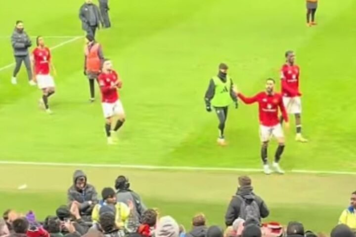 Matheus Cunha gestures to fans after Manchester United’s draw with Wolves at Old Trafford