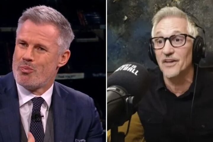 Jamie Carragher jokes about Gary Lineker's podcast during CBS Champions League broadcast