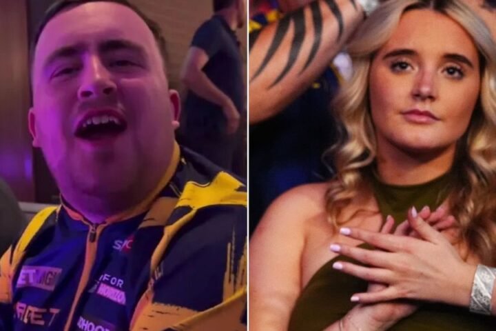 Luke Littler celebrates Premier League Darts victory with friends and girlfriend's support