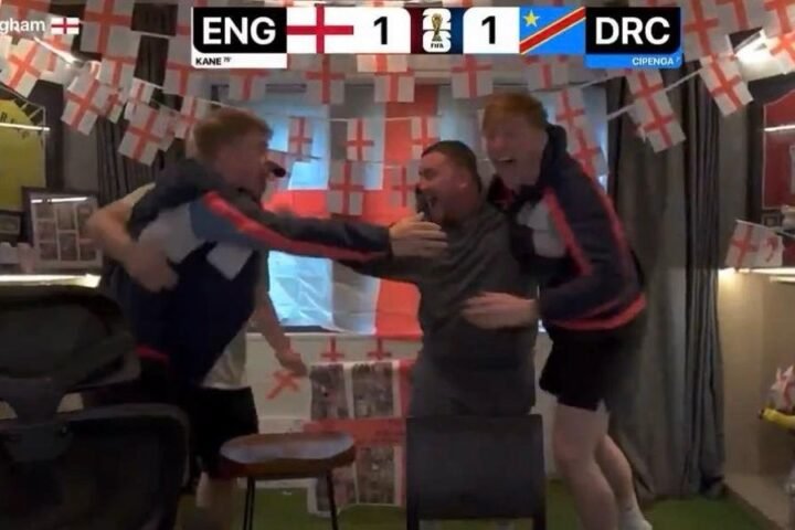 Luke Littler celebrates England's victory over DR Congo alongside I'm a Celeb winner
